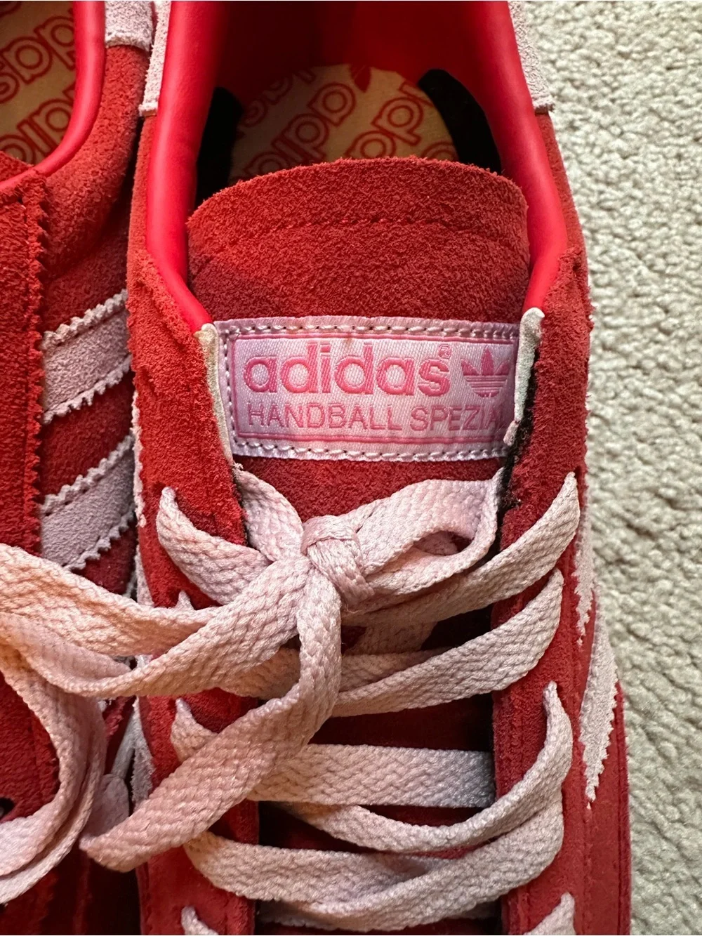 adidas men’s Red Suede Retro Spezial with Pink Stripes and Gum Sole unisex